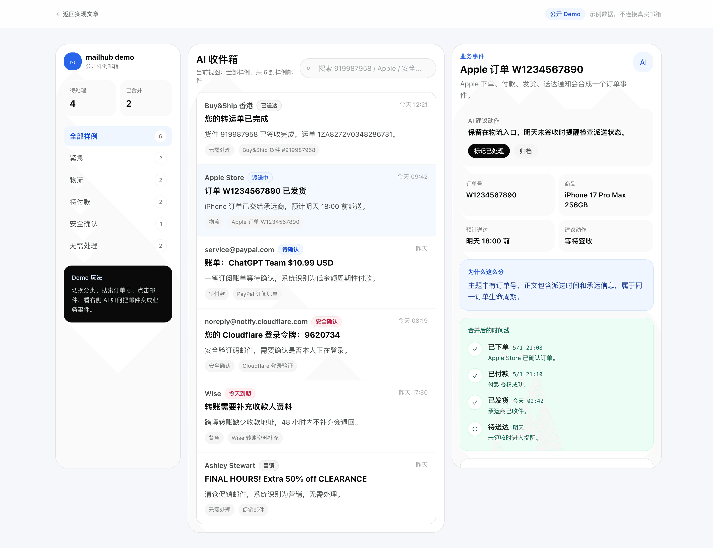 Mailhub 业务事件时间线：货件入库→打包→派送→送达